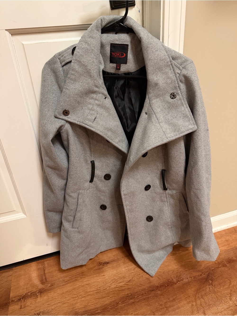 Yoki Gray Wool-Feel Coat with Black Lining and Red Logo